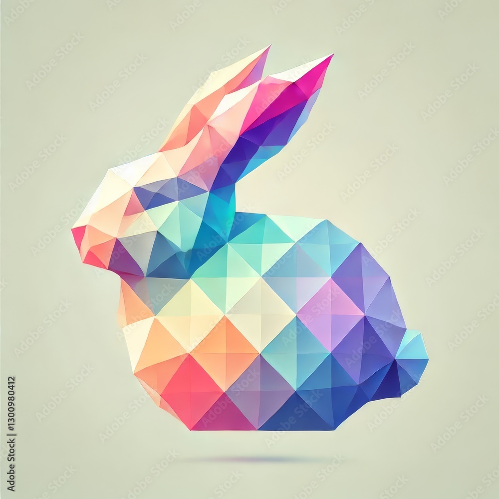 Poster a colorful, geometric representation of a rabbit, composed of triangular shapes in a vibrant gradien
