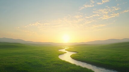 Scenic view of a tranquil river winding through lush green fields at sunrise.