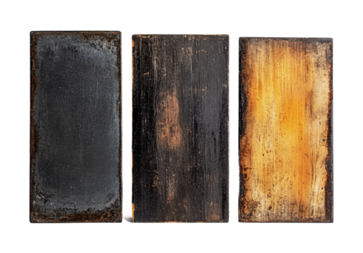 Surfaces of weathered wood with distinct textures and colors ideal for vintage design projects and creative backgrounds, cut out