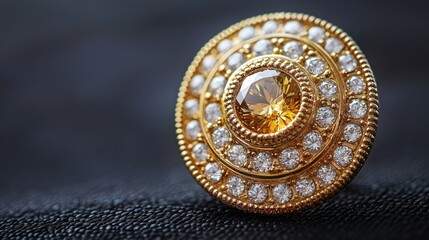 Close-up of gold jewelry with yellow gemstone, dark background