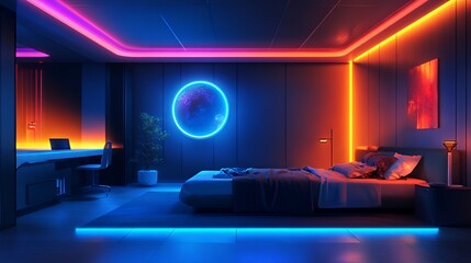 Futuristic bedroom with neon lighting and cosmic wall art, creating a vibrant atmosphere.