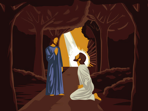 Jesus appearing to Peter, forgiving and reaffirming faith, after the resurrection, vector-style image