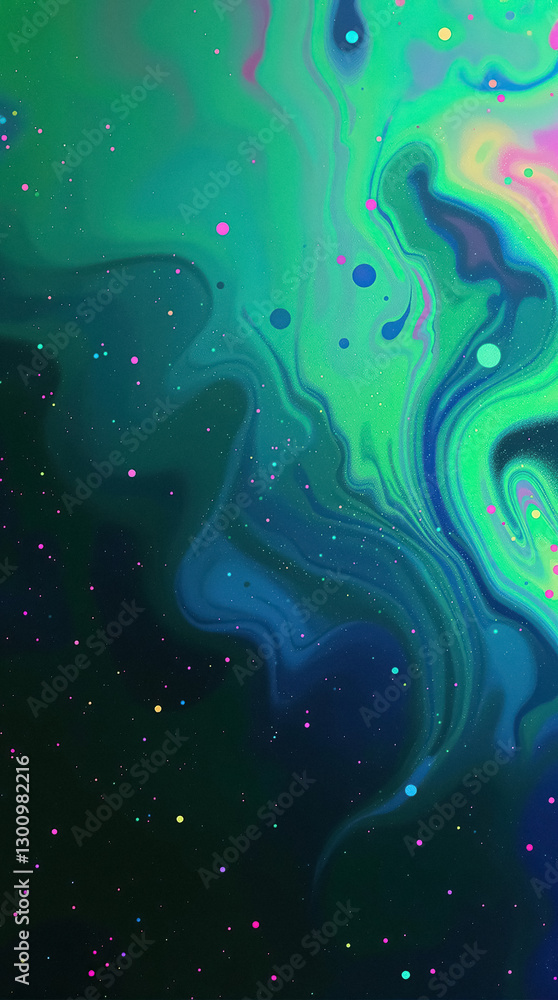 Poster abstract multicolored fluid art with vibrant swirls dots and flowing patterns in green blue and pink