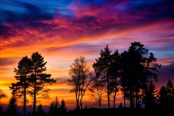 Vibrant Sunset with Silhouetted Trees Against a Fiery Sky