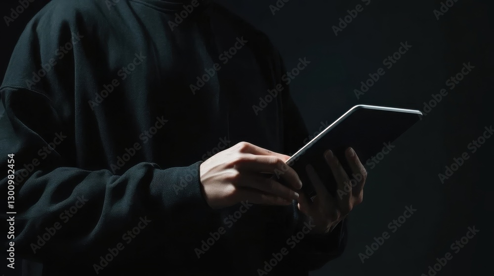 Poster a person holds a tablet device in front of dark background