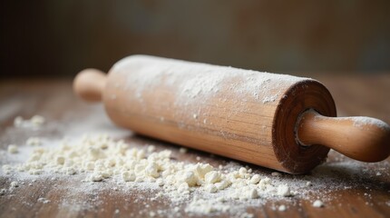 Wooden rolling pin with flour on rustic kitchen counter