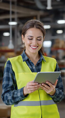 Warehouse worker with tablet smiling Female employee wearing safety vest checking inventory in warehouse