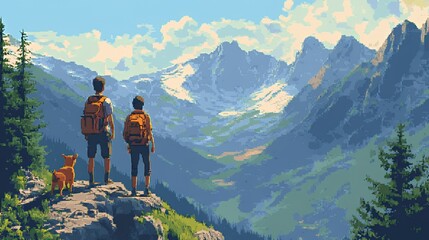 Fototapeta premium Two boys and a dog admire a breathtaking mountain landscape in vibrant pixel art.