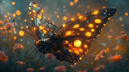 Colorful Butterfly with Glowing Spots in a Dreamy Floral Setting