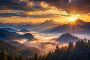 Majestic Mountain Sunrise with Golden Light Over Misty Valleys