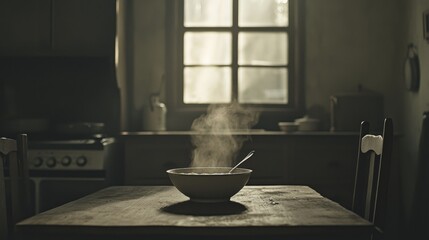 Steam rising from a bowl of porridge, morning calm settling in a rustic home.