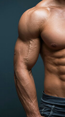 Fototapeta premium Close up shot of well defined male physique muscular arm shoulder and abdominal muscles