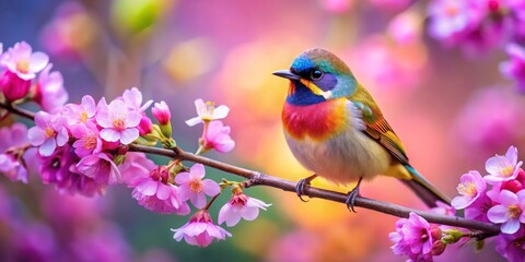 A vibrant, multicolored bird perches delicately on a blossoming branch, surrounded by a profusion of soft pink flowers, creating a breathtaking scene of springtime beauty and natural harmony.