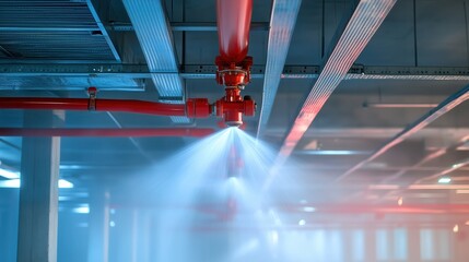 Droplets cascade from the activated sprinkler head, its metallic frame glistening as it douses the area in an emergency response.