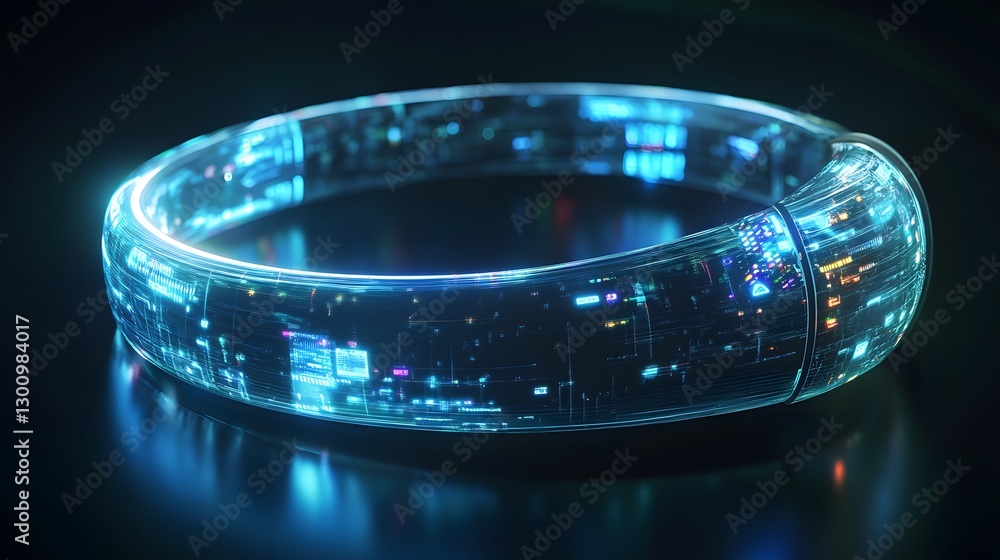 Wall mural a futuristic ad for a new wearable tech device, featuring holographic data and glowing interface ele