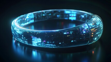 A futuristic ad for a new wearable tech device, featuring holographic data and glowing interface elements