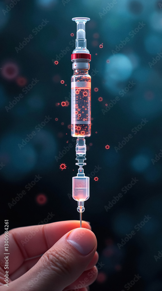 Poster innovative vaccine concept art transparent syringe with virus like particles within solution