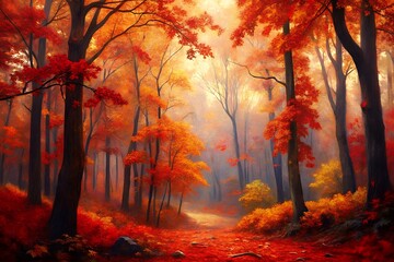 Vibrant Autumn Forest Path with Golden Sunlight and Dramatic Sky