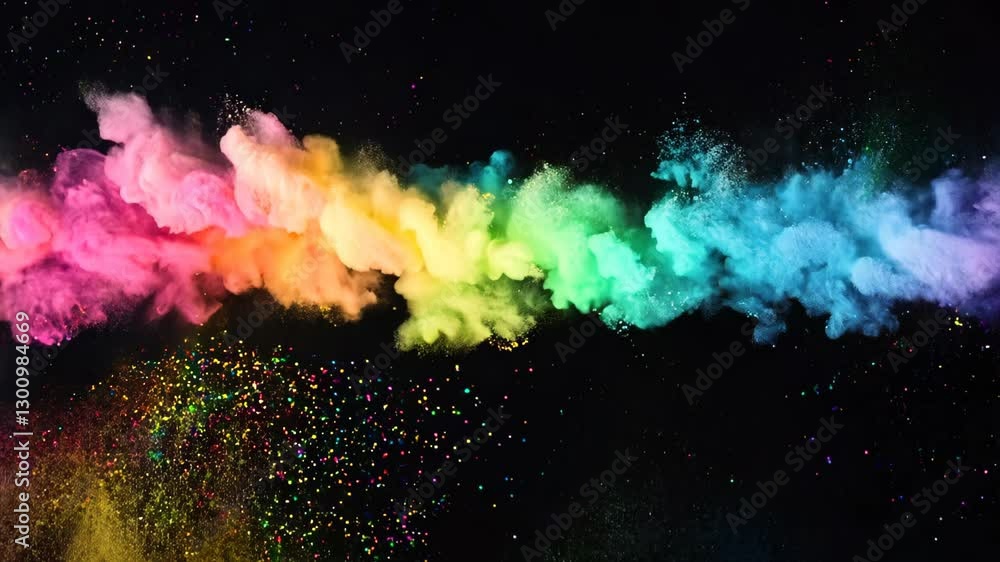 Poster vivid explosion of glitter particles in rainbow colors on black background for modern vibrant design