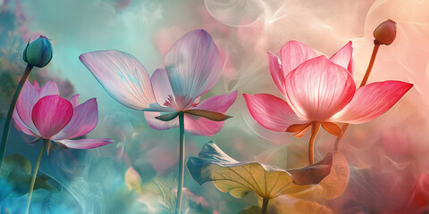 Vibrant pastel graceful blooming lotus flowers in pastel colors. Beautiful nature spring summer background for cosmetics, spa, perfume, beauty salon, florist shop.