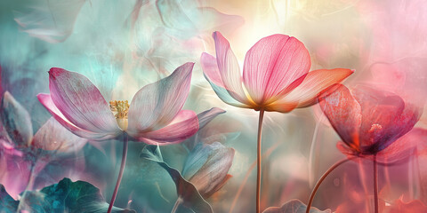 Fototapeta premium Vibrant pastel graceful blooming lotus flowers in pastel colors. Beautiful nature spring summer background for cosmetics, spa, perfume, beauty salon, florist shop.