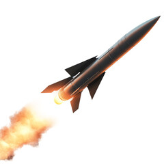 close up a missile is flying isolated on white background
