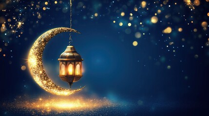 Magical and festive imagery featuring a intricately - designed golden crescent moon with a hanging lantern, set against a dark blue, star - filled background.