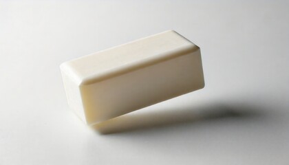 a minimalist close-up studio shot of a single bar of soap in a neutral setting. The soap bar floats with a slight shadow. 