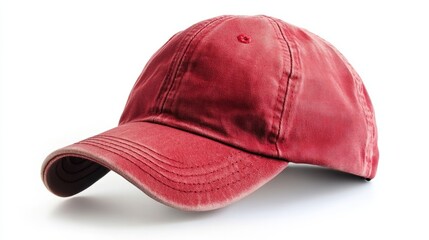 A bright red dad hat with a curved brim, isolated white background