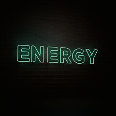 Obraz premium Vibrant energy neon light typography on dark brick wall glowing modern urban nightlife concept dynamic