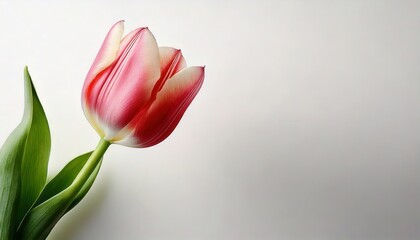 a close-up shot of a vibrant pink and white tulip, displaying its delicate petals, with its stem and leaves gracefully curved