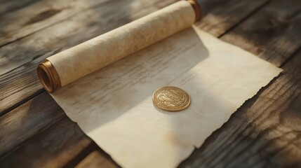 An ancient parchment roll lies with a golden coin on wood