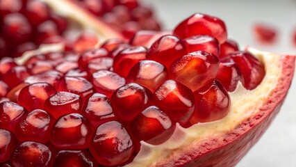 Close-Up of Fresh Pomegranate Seeds. Macro shot of juicy red pomegranate seeds in a split fruit, showing vibrant color and texture, ideal for food and health themes
