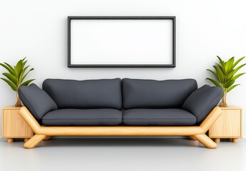 Modern Minimalist Living Room with Dark Gray Sofa and Wooden Frame