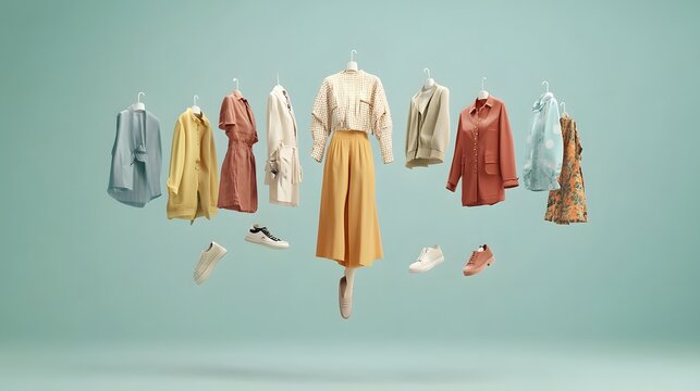 A creative ad for a new online clothing store, showcasing a mix of trendy outfits floating against a neutral background