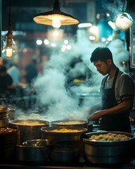 Hardworking Chef Surrounded by Steaming Pots and Bustling Kitchen in Candlelit Chinese Restaurant