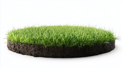 Floating against a white backdrop, the circular garden soil cutaway showcases thriving grass above and textured earth below, blending nature with creativity.
