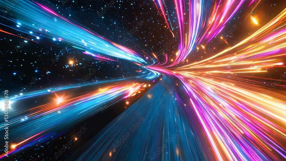 Poster neon light trails explode in dynamic shapes on dark background creating vibrant energy and futuristi