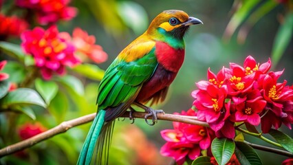 Obraz premium Vibrant tropical bird perched on a branch amidst a profusion of crimson blossoms, showcasing its iridescent plumage and striking colors.