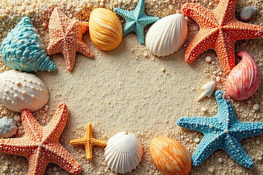 Colorful seashells, starfish, and coral arranged on sandy beach with driftwood, beach, starfish