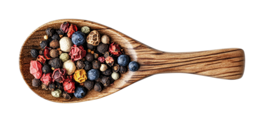 Colorful assortment of spices on a wooden spoon for culinary inspiration and flavorful cooking, cut out