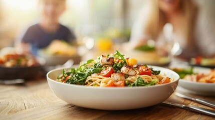 Family enjoying a delectable seafood meal in a cozy homely setting