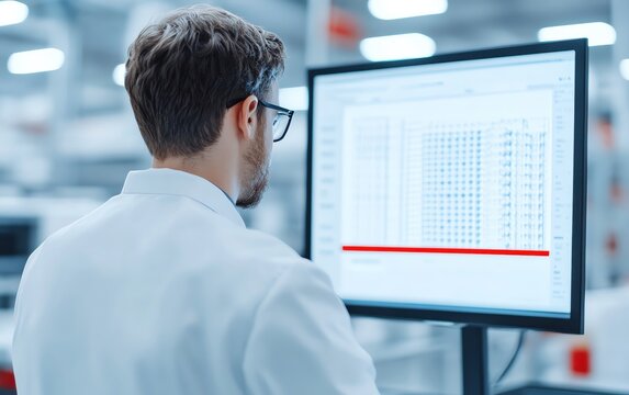 Scientist analyzing data on a computer screen in a laboratory setting.