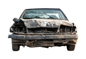 Salvage vehicle with significant damage illustrating the aftermath of a collision and its implications for automotive repair and recycling, cut out