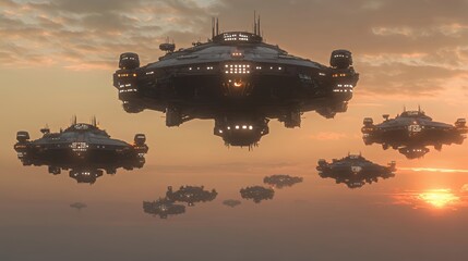 Futuristic fleet of spaceships soaring above a stunning sunset.