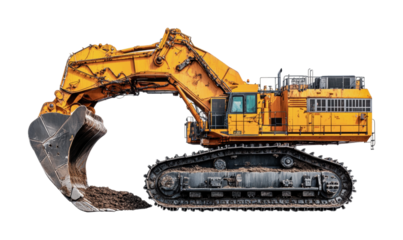 Heavy machinery equipment digging dirt at construction site for building development in urban area, cut out