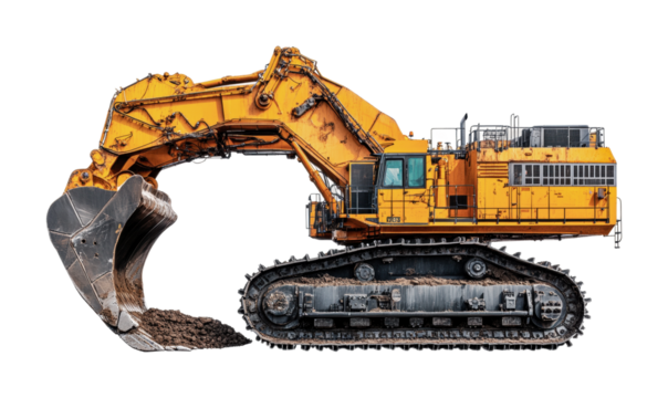 Heavy machinery equipment digging dirt at construction site for building development in urban area, cut out