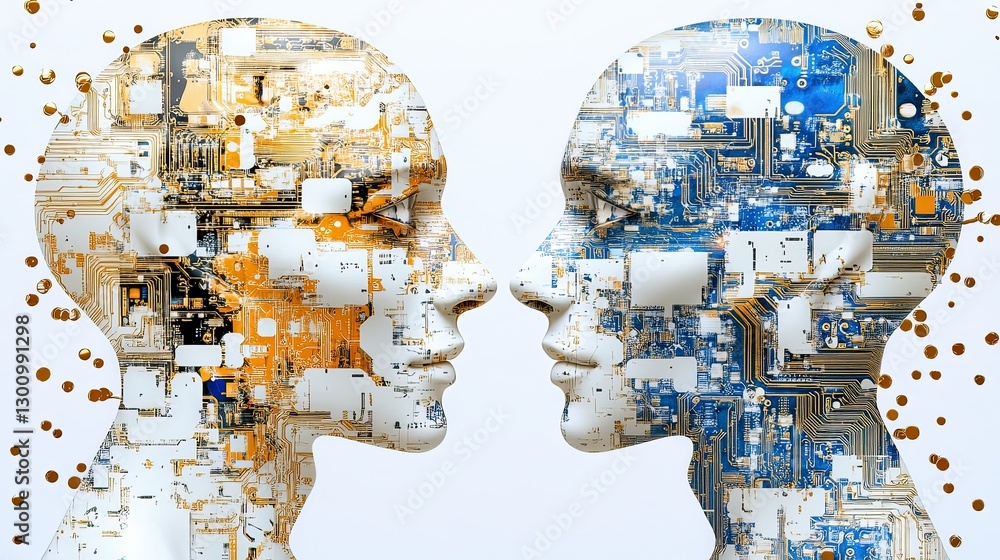 Poster two abstract human profiles merged with circuit board patterns in modern technology theme