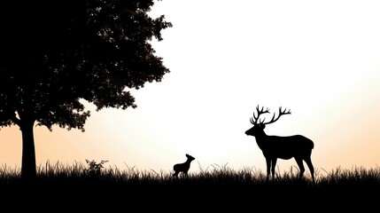 Naklejka premium Silhouette of a deer and fawn under a tree at sunset, capturing the beauty of nature and wildlife tranquility.