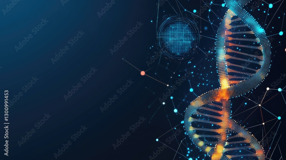 Poster digital - styled dna double helix structure surrounded by connecting dots and lines on a dark blue b